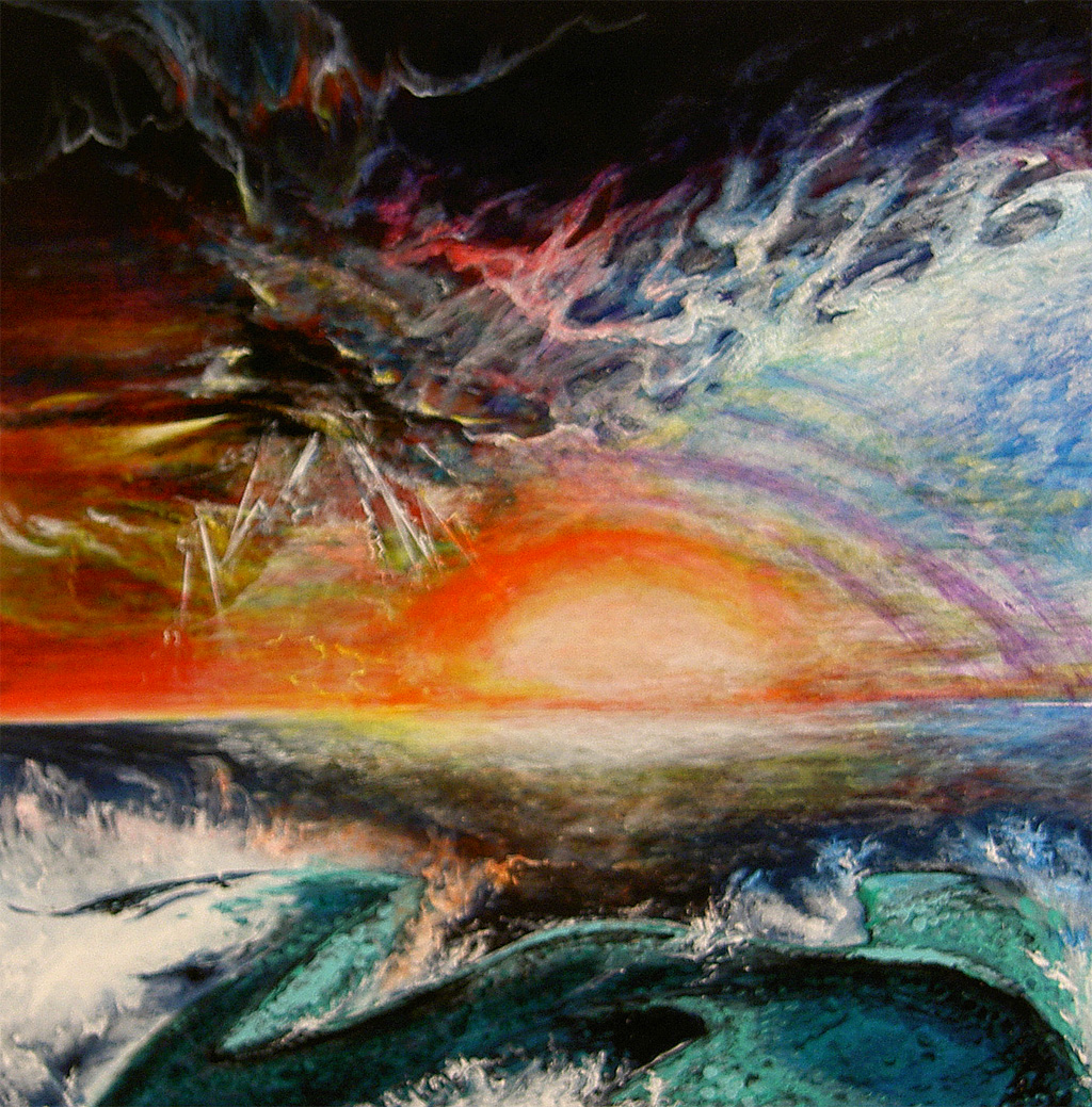 Meeresungeheuer | 2003-2005 | 50x50cm | Dieses Bild zeigt meine Stimmung nach kompliziertem Schlüsselbeinbruch, Sportpause und Lichtblick; so gibt es ein Gewitter und den Aufgang zweier Sonnen.