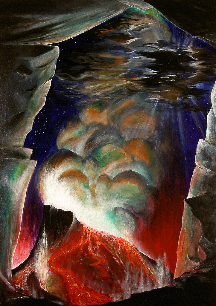 Der Vulkan | 2002-2003 | 50x70cm | Solche brachialen Naturgewalten haben mich stets fasziniert; so entstand eben der Vulkanausbruch - betrachtet aus einem Höhlenausgang.