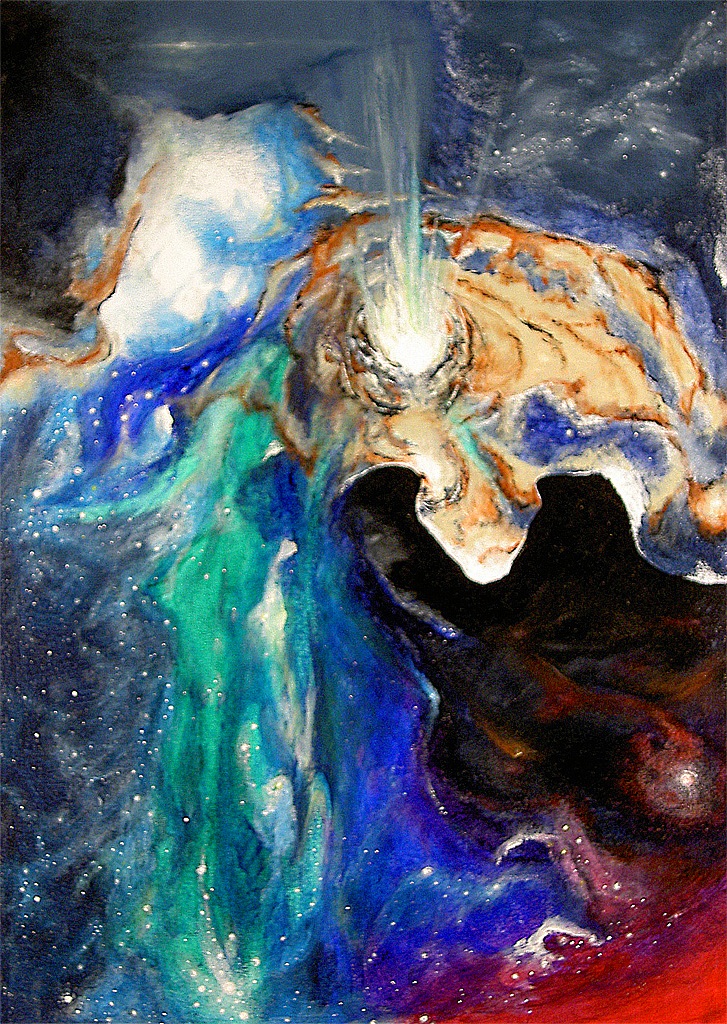 Bewegte Galaxie | 2003 | 50x70cm | Das Bild schließt sich an das Motiv "Das schwarze Loch" an, aber hier soll eine Sonne zu leben beginnen.