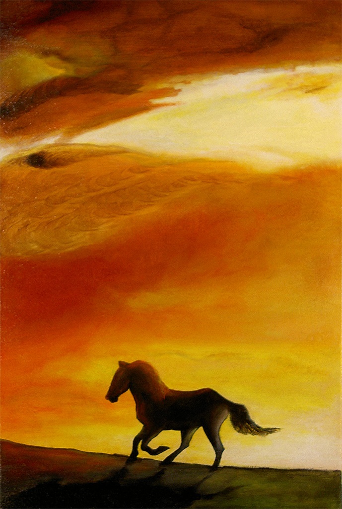 Pferd in Abendsonne | 2004 | 40x60cm | So etwas kann man an vielen Spätsommerabenden sehen und bringt man dann noch ein Pferd ins Spiel - galoppiert wieder die Arizona Lady....