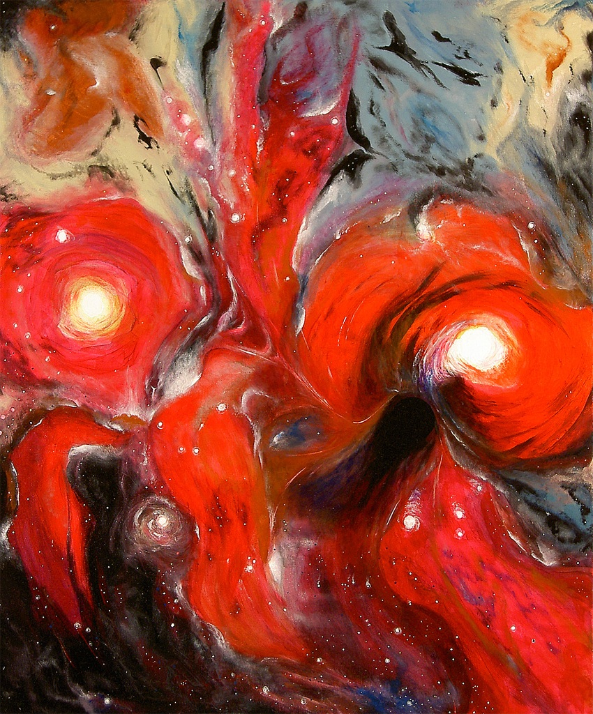 Das schwarze Loch | 2003 | 50x60cm | So stelle ich mir eine fiktive Welt - bedroht von einem schwarzen Loch - vor.