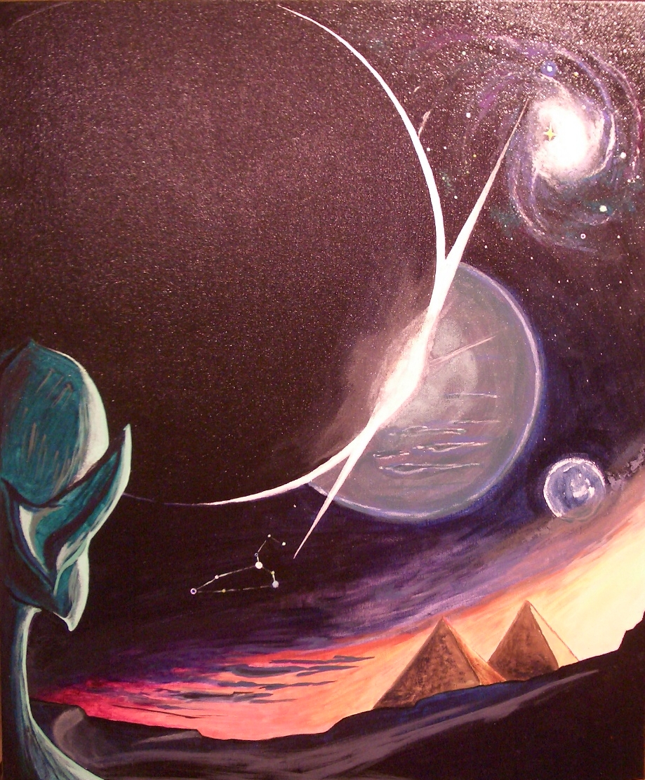 Ausserirdischer mit Dunkelstern | 2002 | 50x60cm | Dies ist mein erstes Acryl-Bild, ein Geburtstagsgeschenk für meinen älteren Sohn und zeigt das Sternbild des Löwen, in dem er geboren wurde