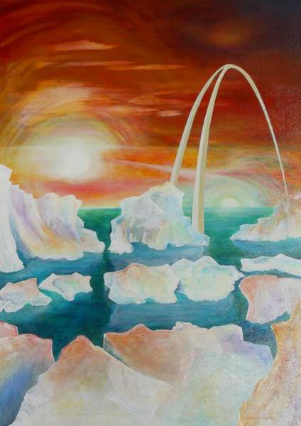Wasserplanet in Doppelsternsystem | 2005 | 50x70cm | Für Science Fiction-Fans gibt es in der Fantasie jede Menge Geheimnisse und durch die Unendlichkeit des Raums muß es irgendwo wahr sein.
