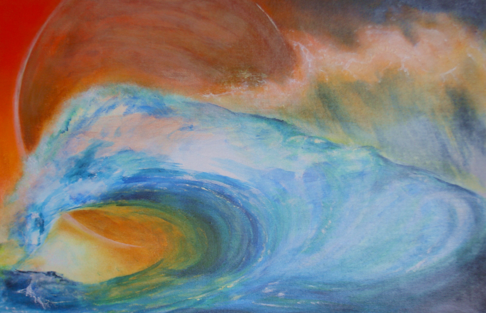 Welle | 2006 | 60x40cm | Wasserplanet und Wüstenmond - oder ist es ein schaumgeborener blauer Pegasus, der sich zur furchterregenden Tsunami aufschwingt...