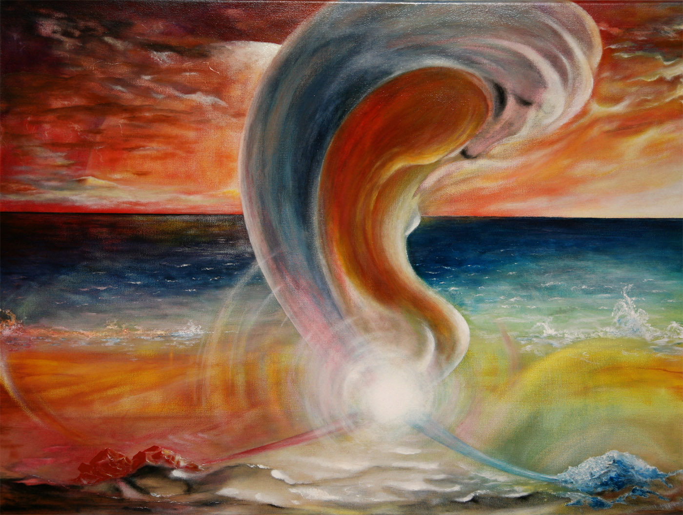 Geister aus den Steinen | 2006 | 80x60cm | Blautopas und Rubin – daraus streben ein Geisterpaar zueinander. Beide materialisieren sich aus ihrem Berührungspunkt – einem hellen Licht.