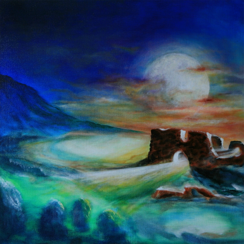 Klosterruine St.Annen | 2007 | 50x50cm | Die freie Darstellung der Ruine des Karmeliterklosters über der alten Stadt Vacha in der Vorderrhön ist ein Geschenk zum 86. Geburtstag meiner Schwiegermutter, die in Vacha lebt.